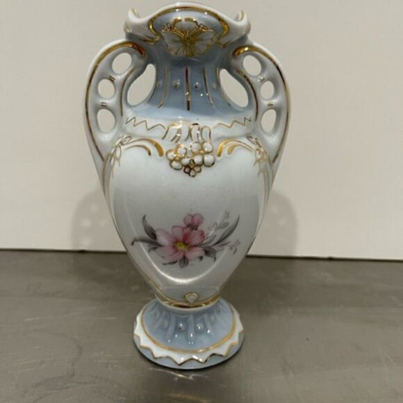 Vintage Royal Dux Bohemia Urn Vase Blue White Gold Pink Flower New Old Stock - - Picture 3 of 8